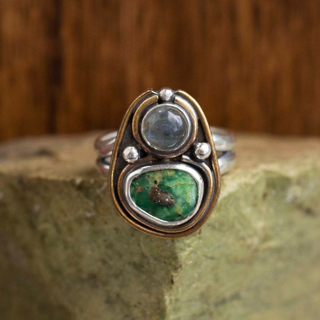 Luna Ring | .925 silver & Red Brass | Labradorite & Turquoise| Oracle Jewelry